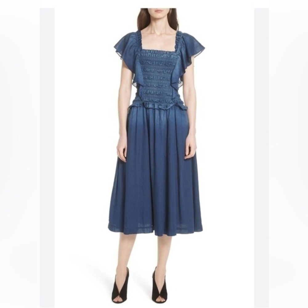 Rebecca Taylor smocked  la vie tissue denim midi dress size small